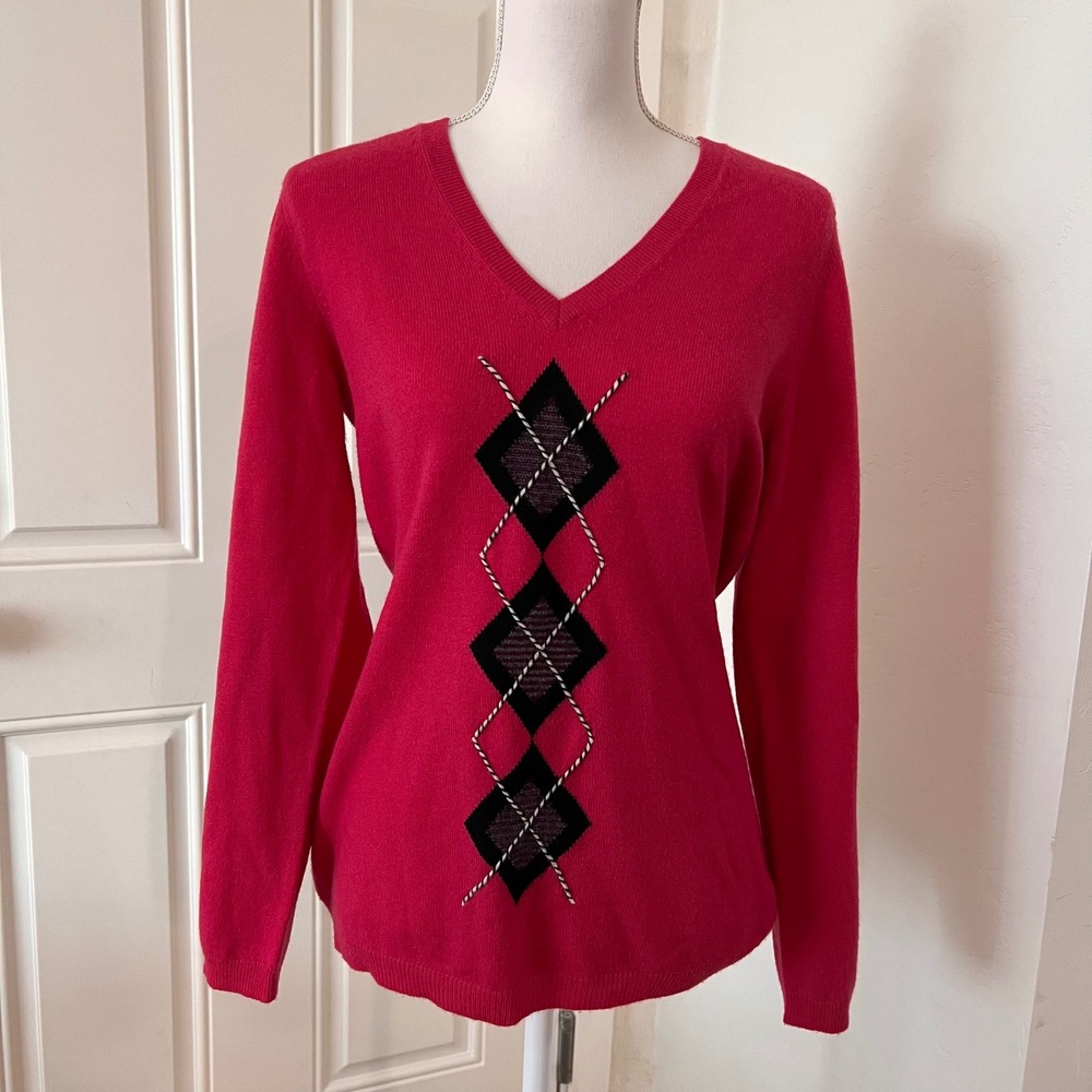 Charter Club Cashmere Sweater Womens Medium Pink Argyle V-Neck 2-Ply Pullover